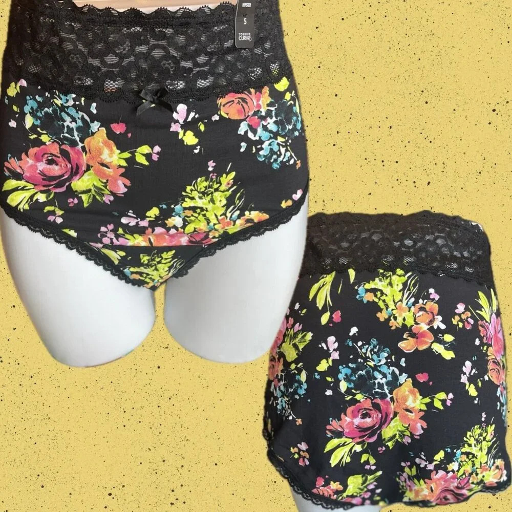 Torrid +6 Black Floral Wide Lace Scallop Waistband/Trim Cotton Hipster Panties